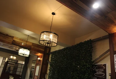 Inside Niom Bistro – chandelier lighting and green wall, Newtown Wellington