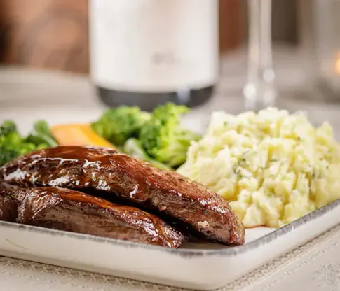 Steak with mash and broccoli at Niom Bistro, Newtown